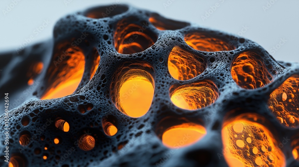 Poster microscopic mesh structure with glowing orange cores in black organic web