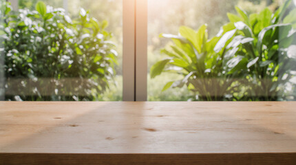 Empty fine teak wood table top for products display, beautiful sunlight from a white bay window garden view with blowing sheer curtains in background, Mock up, Backdrop, Home product.