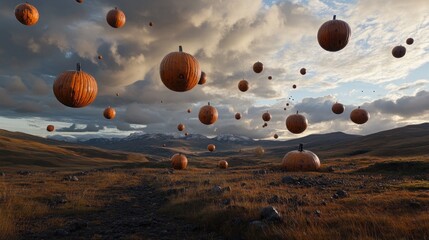 Obraz premium Floating pumpkins in a field