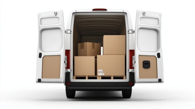 Delivery van loaded with cardboard boxes, rear doors open. Transportation and moving concept