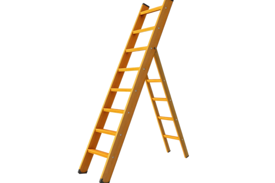 Extension ladder stands isolated on a transparent background, showcasing eight rungs with a sturdy frame designed for various heights and tasks in construction, painting, or maintenance activities