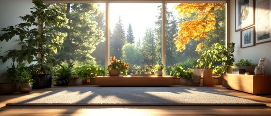 Naklejka premium Serene living room with large window showcasing lush green trees and vibrant autumn foliage in bright sunlight