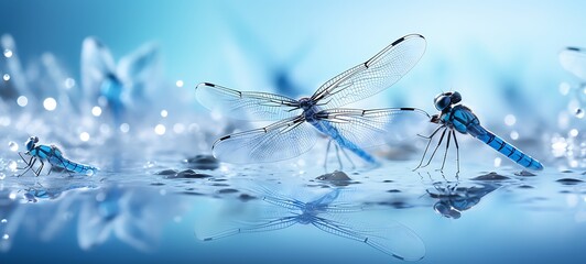 aesthetic photo of dragonflies playing in water, ai generative
