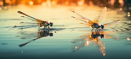 aesthetic photo of dragonflies playing in water, ai generative
