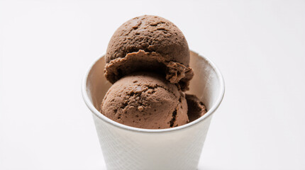 Two scoops of creamy chocolate ice cream in a paper cup on a clean white background, perfect for menus