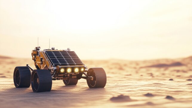 Yellow rover on sandy Martian landscape at sunrise - Powered by Adobe