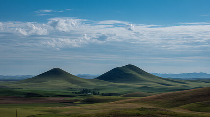 Fototapeta premium Rolling green hills under a blue sky with fluffy clouds