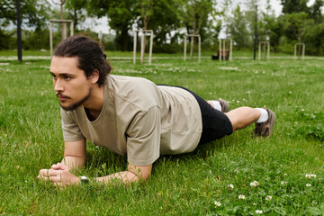 Young sporty man engages in outdoor workout routine during a sunny day in the park