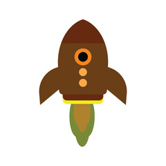 cartoon rocket ship with colorful flame, brown spaceship vector illustration isolated on white background for kids designs