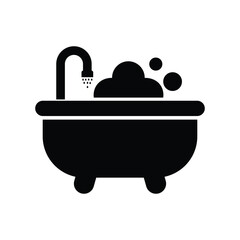  bathtub icon with faucet and bubbles, black vector silhouette isolated on white background for bathroom hygiene designs