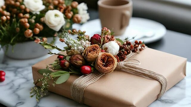 Elegant gift wrapping with rustic floral decor on marble coffee table