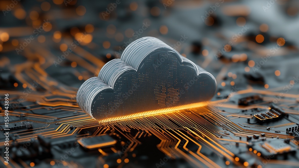 Poster futuristic glowing cloud icon on digital circuit board background, symbolizing modern cloud computin