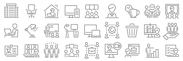 Office icon set. Work in office icons. Briefcase, meeting, employee, desk, computer, schedule, co-worker and more. Vector collection.