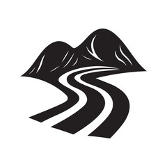 minimal black and white vector of a winding mountain road, abstract landscape with peaks and curves in modern silhouette style.