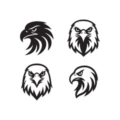 a black and white vector illustration set of an eagle head on white background.
