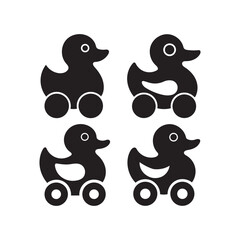 a black filled vector illustration set of toy duck on white background