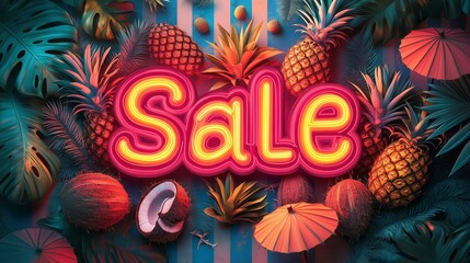 Neon SALE banner with tropical fruits, coconuts, pineapples, umbrellas.