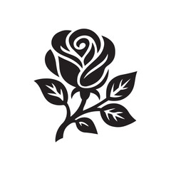 a black and white vector illustration of a rose flower with leaves on white background