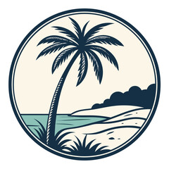 Minimalist island logo featuring palm trees ocean waves and a tropical paradise concept