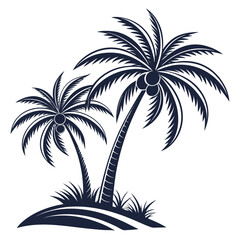 Simple black and white silhouette of two palm trees on a small island beach design