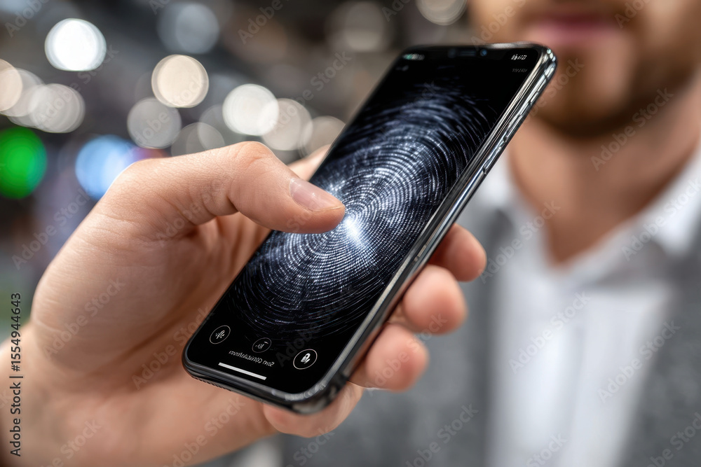 Poster man using smartphone to access digitized fingerprint technology at a tech event