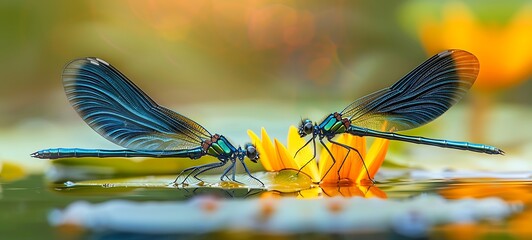 aesthetic photo of dragonflies playing in water, ai generative