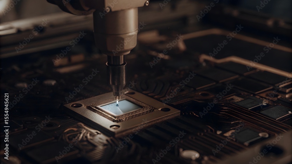 Poster precision engineering a robotic arm meticulously places a microchip onto a circuit board, a testamen