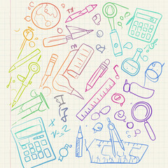 Colorful Hand-Drawn School Supplies and Scientific Instruments on Notebook Paper