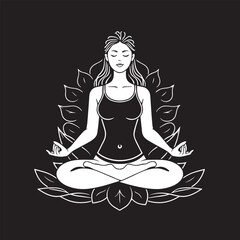 Meditating woman in lotus pose line art vector design concept black and white illustration.
