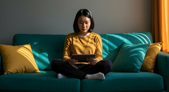 Young woman relaxing on couch using tablet enjoying home comfort digital technology lifestyle
