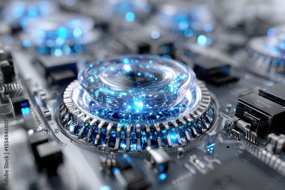 Poster intricate circuit board with illuminated components showcasing advanced technology