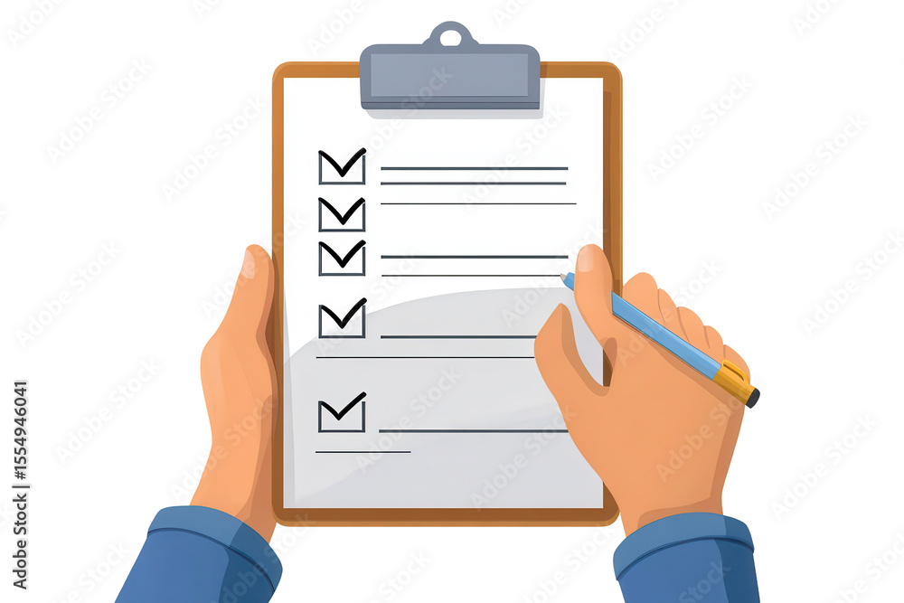 Poster checklist form held in hand showing multiple items marked for completion during a task management ac