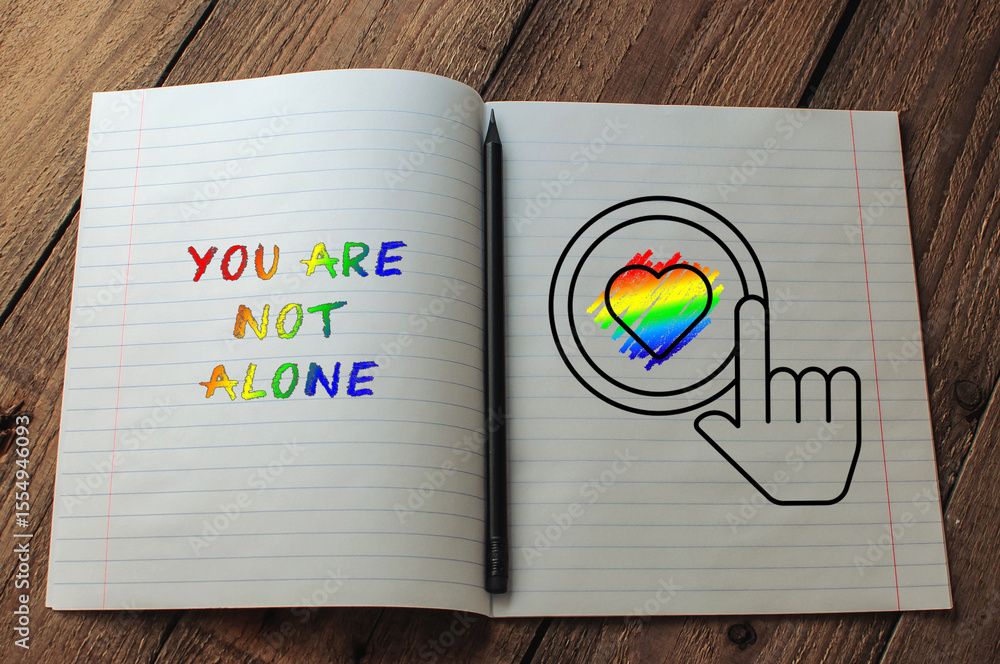 Fototapete notebook with a rainbow heart and the words you are not alone written on it