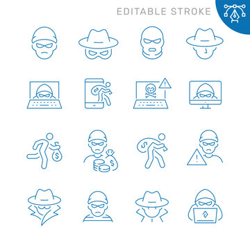 Vector line set of icons related with thief. Contains monochrome icons like hacker, thief, spy, mask, crime and more. Simple outline sign. Editable stroke.
