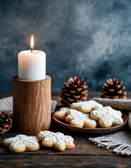 Christmas candle and cookie background with copy space