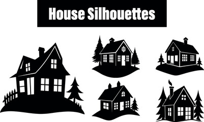 Collection of stylized black house silhouettes with trees and fences isolated on transparent background silhouette