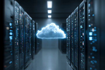 Futuristic Cloud Computing Server Room with Glowing Blue Cloud