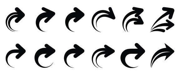 Vector Arrow and Share Icon Collection, Black Silhouette Symbols for Forward On  White Background