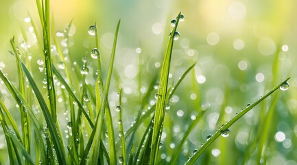 Obraz premium Close-up of fresh green grass blades covered with water