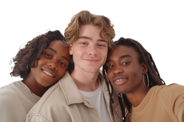 Portrait of three cheerful young adults taking a selfie together, showing happy and expressive faces. Isolated on a seamless white background. Ideal for friendship, lifestyle, and youth culture themes