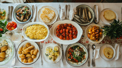 Celebrating a vibrant feast with diverse dishes laid out on a beautifully arranged table in a cozy home setting