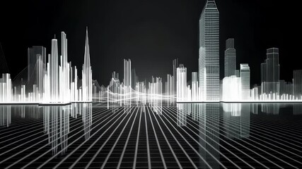 White wireframe buildings rising from a dark digital landscape, creating a futuristic cityscape with glowing lines and particles, symbolizing innovation and technological advancement - Powered by Adobe
