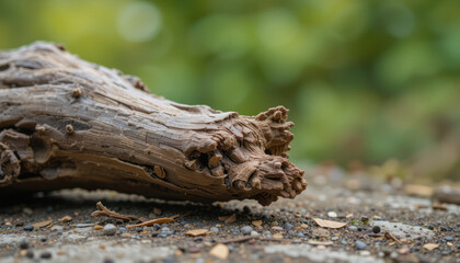 Close-up of weathered driftwood lying on a rocky, textured ground surface.