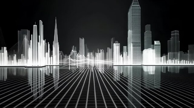 White wireframe buildings rising from a dark digital landscape, creating a futuristic cityscape with glowing lines and particles, symbolizing innovation and technological advancement