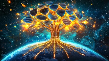 artistic rendering of a majestic tree where its leaves are individual solar panels capturing light, and its trunk is a smart grid system. The roots are embedded in a vibrant Earth, distributing 