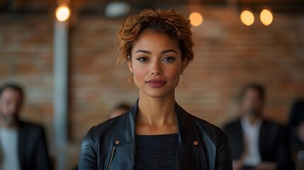Confident Young Woman in Professional Setting with Attendees Behind Her