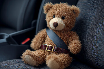 Soft Teddy Bear Securely Buckled in Car Seat Safety Belt