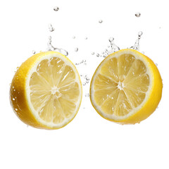 Two lemon halves with splashing juice.