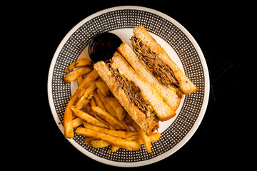 French dip sandwich with French fries