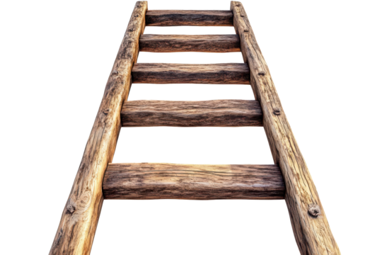 Detailed view of a wooden rolling ladder isolated against a transparent background showcasing craftsmanship and functionality for various applications